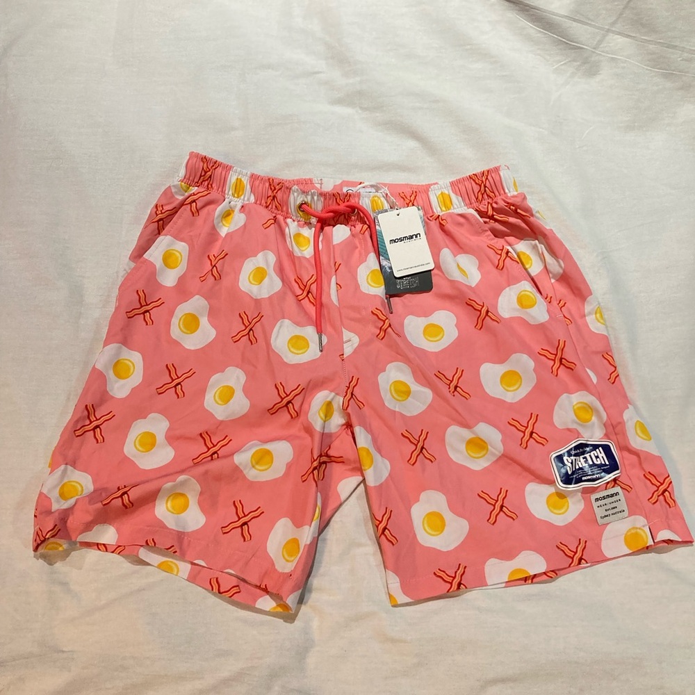 Men’s Mosmann Australia Bacon & Eggs Swim Trunks! Size large, NWT!
